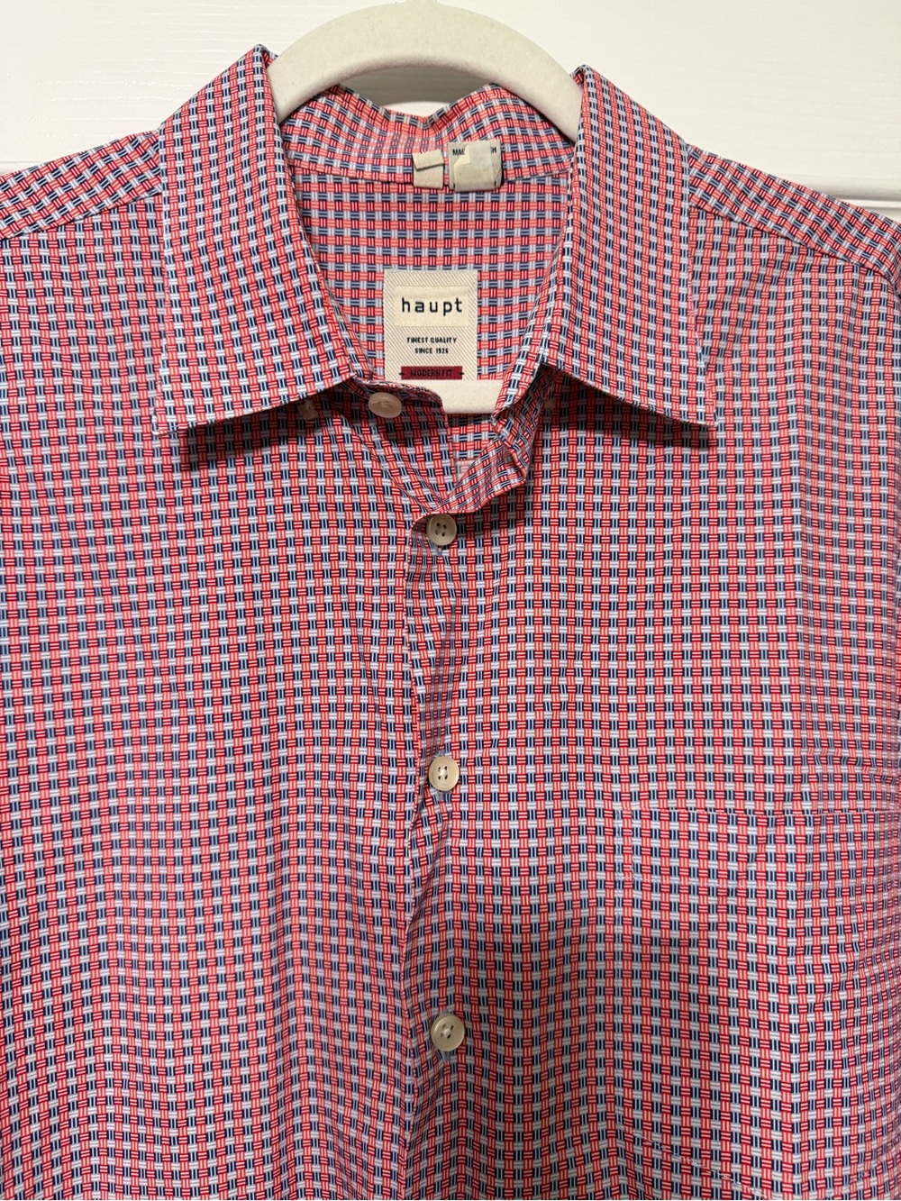 Haupt geometric men’s button down shirt Size 43/44 17.5 damage to sleeve button